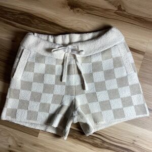 Barefoot Dreams Checkered Lounge Shorts Oatmeal Cream Tan CozyChic Knit Pockets